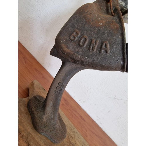 94 - Antique Cast Iron Press, Stamped 'Beer', 'Bona', 'Germany', Mounted on Wood