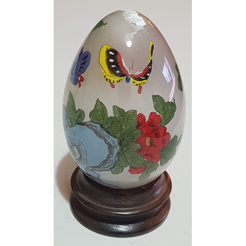 191 - Chinese Reverse Painted Glass Egg with Wooden Stand, Large 'Butterfly and Flowers' Pattern, Approx, ... 