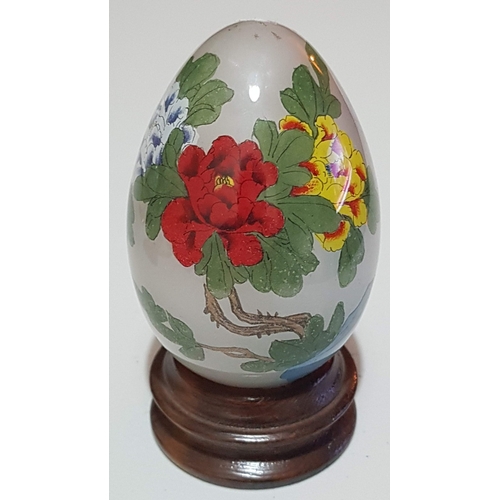 191 - Chinese Reverse Painted Glass Egg with Wooden Stand, Large 'Butterfly and Flowers' Pattern, Approx, ... 