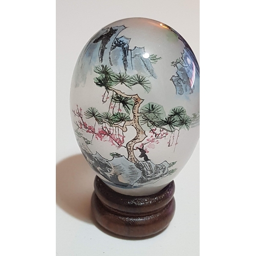 191 - Chinese Reverse Painted Glass Egg with Wooden Stand, Large 'Butterfly and Flowers' Pattern, Approx, ... 