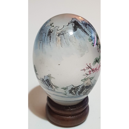 191 - Chinese Reverse Painted Glass Egg with Wooden Stand, Large 'Butterfly and Flowers' Pattern, Approx, ... 