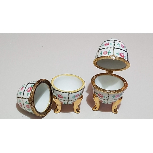 192 - Decorative Porcelain Egg Shape 4x Trinket Boxes, Floral Pattern and Gold-Plated Rim/Closure, 2x Appr... 