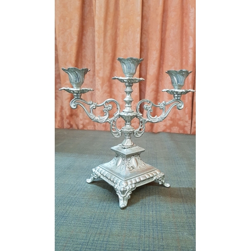 211 - Vintage Style White Metal Candle Holders, One High Ornate 3-Arms Candle Holder (H: 24cm), 2x Matchin... 