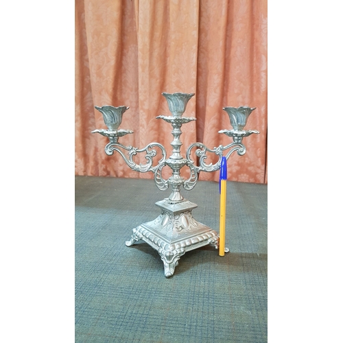 211 - Vintage Style White Metal Candle Holders, One High Ornate 3-Arms Candle Holder (H: 24cm), 2x Matchin... 