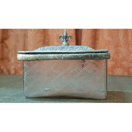 252 - 19th Century Ornate Cut Etched Glass Rectangular Casket Biscuit Dish with  Ornate White Metal Decora... 