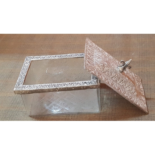 252 - 19th Century Ornate Cut Etched Glass Rectangular Casket Biscuit Dish with  Ornate White Metal Decora... 