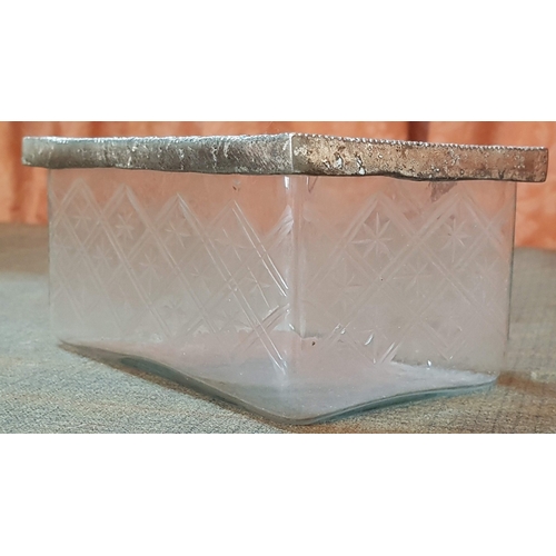 252 - 19th Century Ornate Cut Etched Glass Rectangular Casket Biscuit Dish with  Ornate White Metal Decora... 