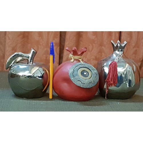 253 - Stylish Home Decor in Fruit Shape, 2x Chrome Modern Apple and Pomegranate and Ceramic 'Good Luck' Po... 