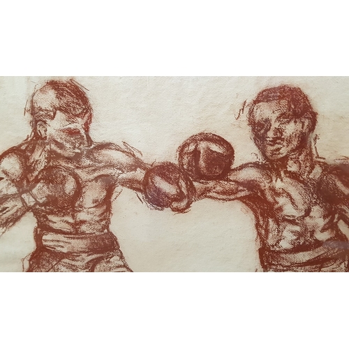 402 - 'Boxers Fighting in a Duel' Sketched Drawing with Pastel Crayon in Plexiglass Frame, Signed by Artis... 