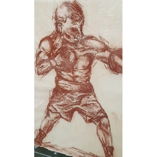 402 - 'Boxers Fighting in a Duel' Sketched Drawing with Pastel Crayon in Plexiglass Frame, Signed by Artis... 