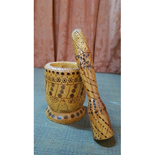 408 - Traditional Cyprus Hand Craft, Decorated Gourds, Wooden Art Mortar and Pestle, Spoons. (8)