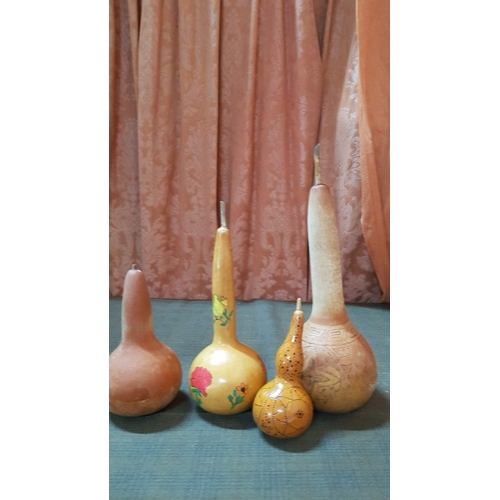 408 - Traditional Cyprus Hand Craft, Decorated Gourds, Wooden Art Mortar and Pestle, Spoons. (8)