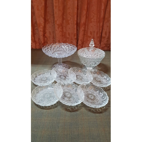 445 - Retro Cut Glass Dessert Set, Large Bon-Bon Dish with Lid, Cake/Sandwich Stand and 7x Matching Plates... 