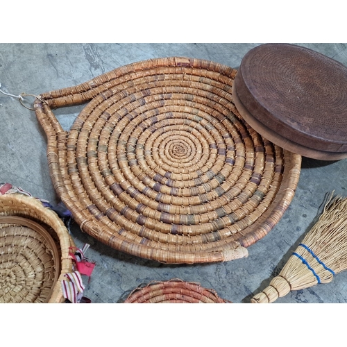 105 - Collection of Traditional Cypriot Items; Metal & Wood Sifter, Large and Small Spiral Wicker Bread Bo... 