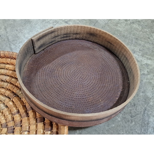 105 - Collection of Traditional Cypriot Items; Metal & Wood Sifter, Large and Small Spiral Wicker Bread Bo... 