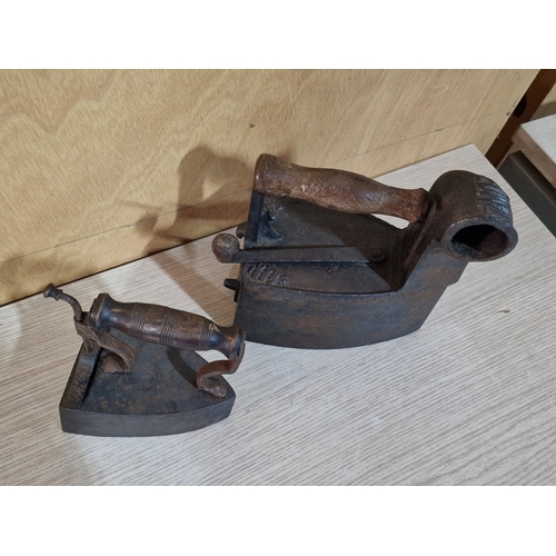 116 - 2 x Antique Cast Iron Coal Irons; Both with Turned Wood Handles, One with Chimney, (2)