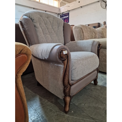 19 - Classic Italian Leather & Fabric Armchair with Wooden Scroll Arm Fronts, 

* Unused * - Furniture St... 