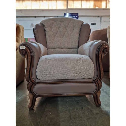 19 - Classic Italian Leather & Fabric Armchair with Wooden Scroll Arm Fronts, 

* Unused * - Furniture St... 