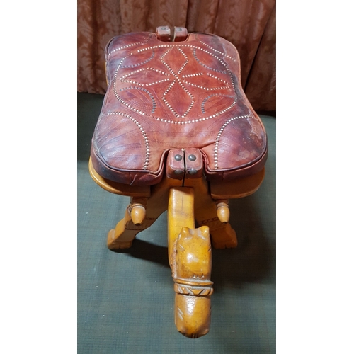 213 - Vintage Camel Saddle Stool, Hand Craft, Circa 60s-70s, Red Leather Cushion. (A/F, Approx. 63cm x 42.... 