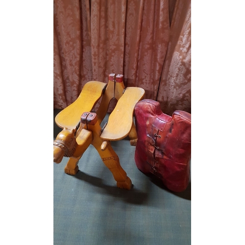 213 - Vintage Camel Saddle Stool, Hand Craft, Circa 60s-70s, Red Leather Cushion. (A/F, Approx. 63cm x 42.... 