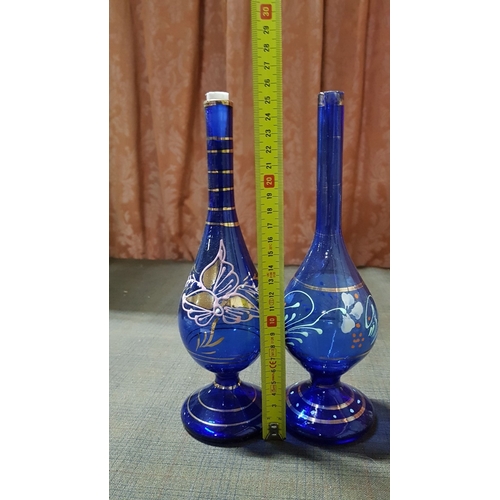 384 - Cobalt Blue, Blown Glass, 2x Glass Carafe Beykoz Carafe/Rosewater Sprinklers (H: 26cm Each) and Matc... 