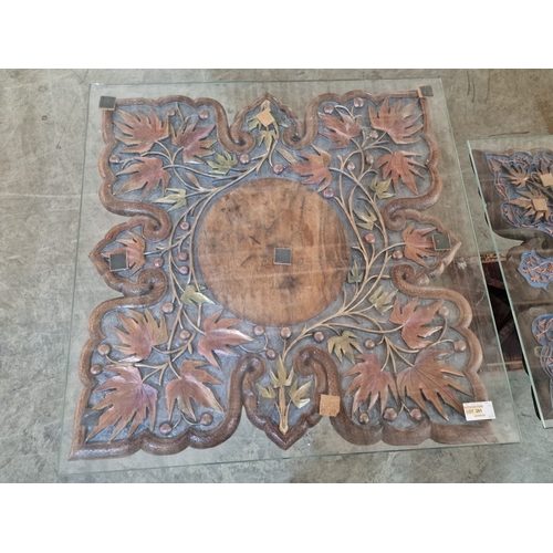 261 - 2 x Decorative Carved Wood & Hand Painted Square Side Tables with Shaped Edge and Leaf Design, with ... 