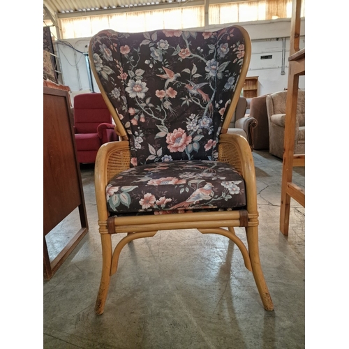 289 - Bamboo Wing Back Armchair with Cane Back Rests & Side, and Fitted Floral Pattern Fabric Cushion