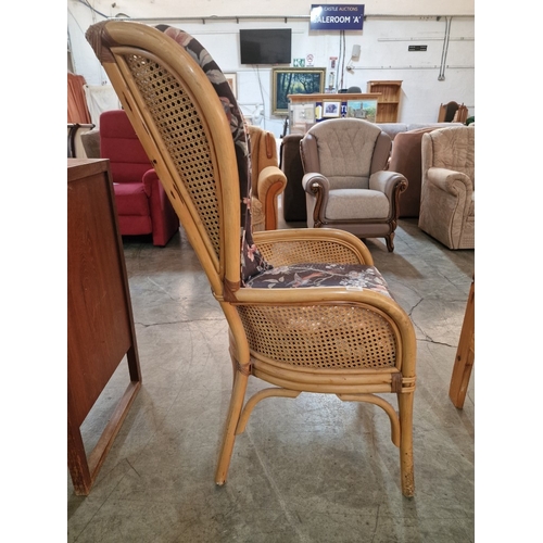 289 - Bamboo Wing Back Armchair with Cane Back Rests & Side, and Fitted Floral Pattern Fabric Cushion