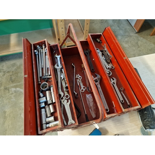 85 - Red Metal Cantilever Tool Box with Collection of Assorted Spanners, Together with 'Mr Ratchet' Socke... 