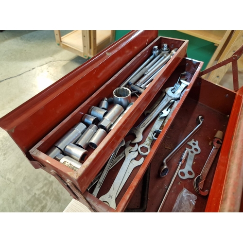 85 - Red Metal Cantilever Tool Box with Collection of Assorted Spanners, Together with 'Mr Ratchet' Socke... 