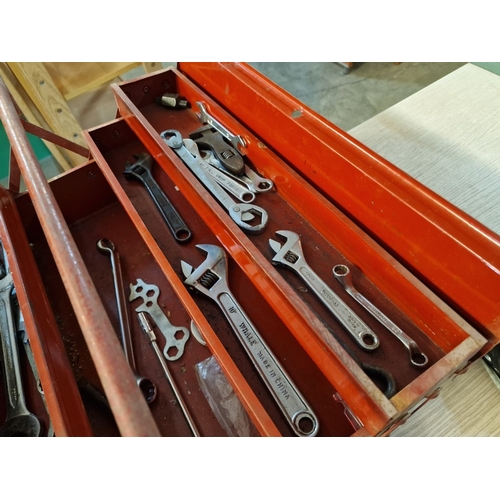 85 - Red Metal Cantilever Tool Box with Collection of Assorted Spanners, Together with 'Mr Ratchet' Socke... 