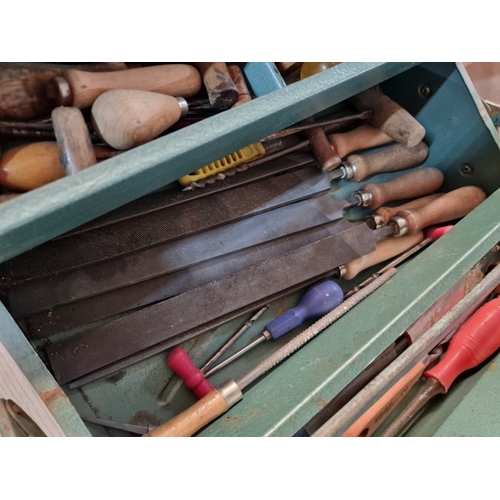 86 - Green Metal Cantilever Tool Box with Large Collection of Files, Braddles, etc