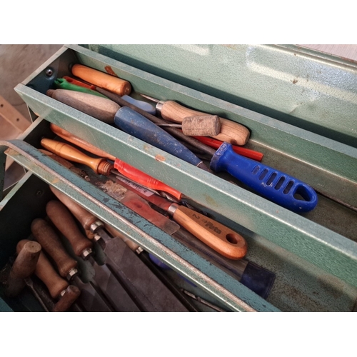 86 - Green Metal Cantilever Tool Box with Large Collection of Files, Braddles, etc