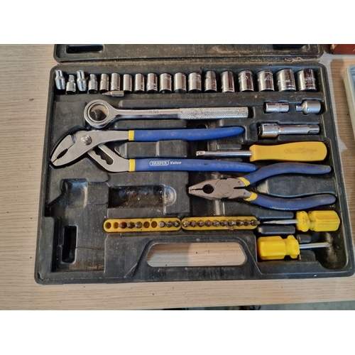 89 - Red Metal Cantilever Tool Box, Together with 'Draper' Tool Set in Fitted Case and Socket Set in Fitt... 