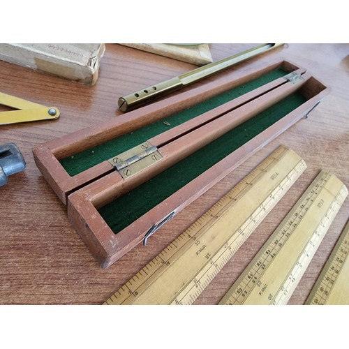 95 - Collection of Vintage Tools; Collection of Wooden Rulers in Wooden Case, Brass Thermometer, Round An... 