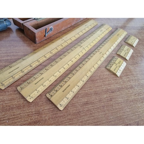 95 - Collection of Vintage Tools; Collection of Wooden Rulers in Wooden Case, Brass Thermometer, Round An... 