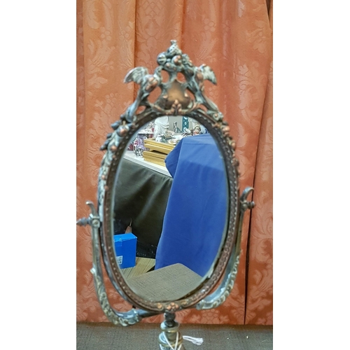 428 - Vintage Cherub Vanity Dresser Mirror (Swivel), Ornate Scalloped Base with a Cherub Holding High Orna... 