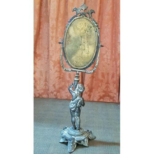 428 - Vintage Cherub Vanity Dresser Mirror (Swivel), Ornate Scalloped Base with a Cherub Holding High Orna... 