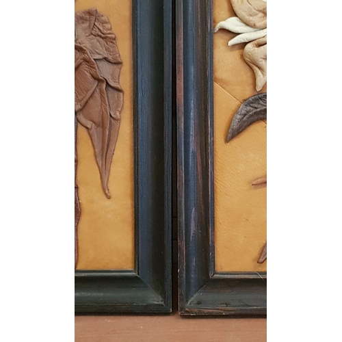 517 - 2x Leather Craft Frame Art, Vintage Circa 80s-90s, 3D Floral Still Life. (24cm x 32.5cm Each).  (2)