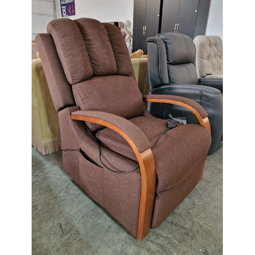 12 - Brown Fabric Relaxing Rise & Reclining 'TV' Armchair, with Side Pockets on Both Sides and Bent Wood ... 