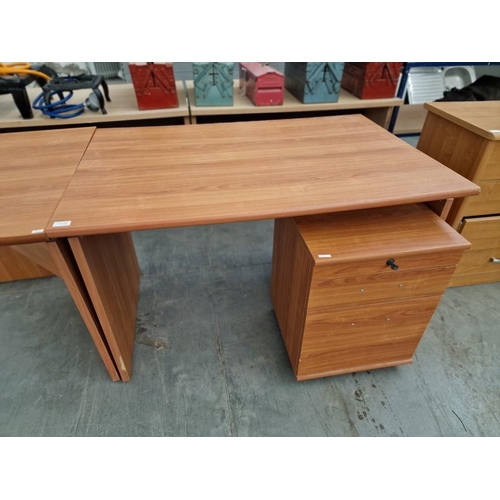 304 - Cherry Colour Wood Effect Office Desk with Quarter Circle Extension (or Corner Desk) and 2-Drawer Pe... 