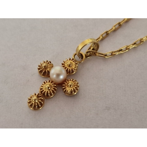 36 - 18ct Gold Decorative Cross Pendant with Pearl Centre (Approx. 10 x 16mm), on 18ct Gold Fine Necklace... 