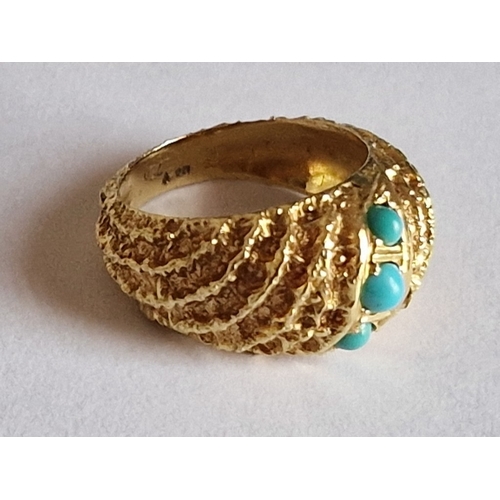 68 - Ornate 18ct Gold Textured Ring Set with 3 x Round Turquoise Stones, (Approx. Size: K/L, 6.6g)