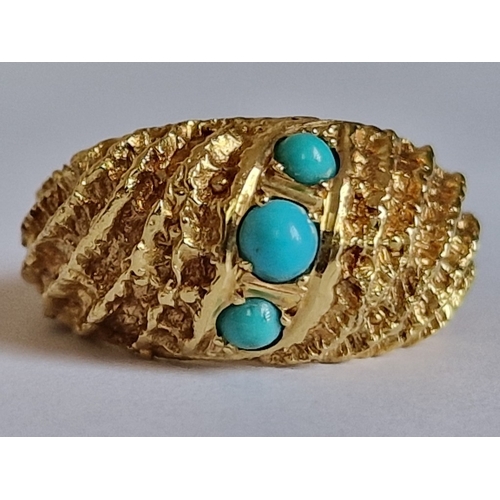 68 - Ornate 18ct Gold Textured Ring Set with 3 x Round Turquoise Stones, (Approx. Size: K/L, 6.6g)