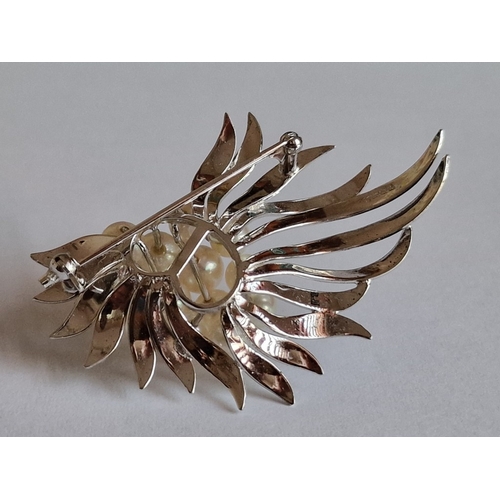 75 - Decorative Sterling Silver Leaf Design Brooch with Cluster of Pearls, (Approx. 12.5g, L: 57mm overal... 