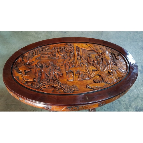 135 - Vintage Oriental Asian Highly Carved, Rustic, Oval, Coffee Table, Decorated with Scenes from the Lif... 