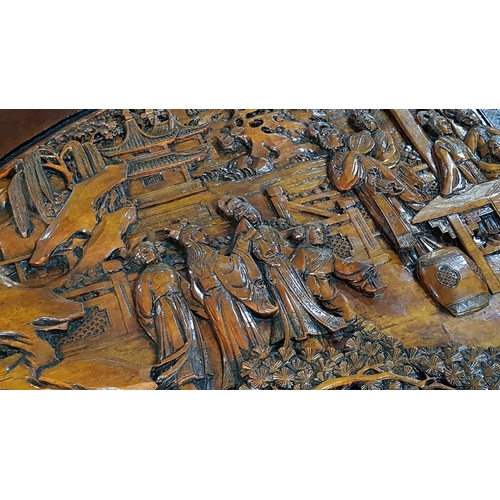 135 - Vintage Oriental Asian Highly Carved, Rustic, Oval, Coffee Table, Decorated with Scenes from the Lif... 