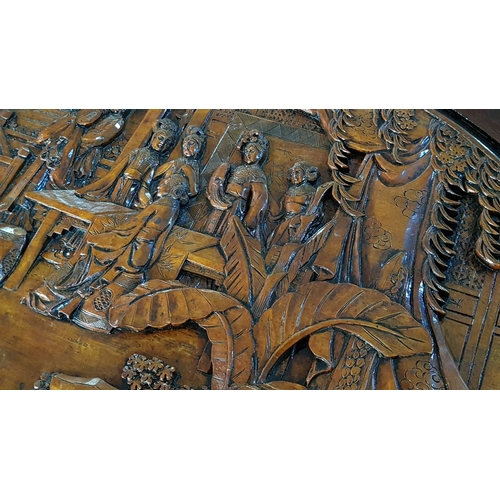 135 - Vintage Oriental Asian Highly Carved, Rustic, Oval, Coffee Table, Decorated with Scenes from the Lif... 