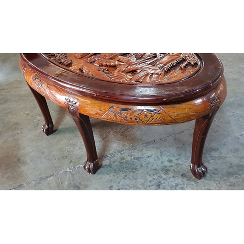 135 - Vintage Oriental Asian Highly Carved, Rustic, Oval, Coffee Table, Decorated with Scenes from the Lif... 