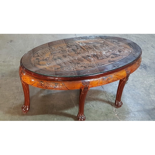 135 - Vintage Oriental Asian Highly Carved, Rustic, Oval, Coffee Table, Decorated with Scenes from the Lif... 